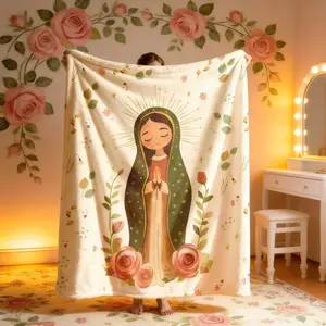 Cartoon Virgin Mary Rose Floral Blanket, Floral Print Blanket, Decorative Blanket, Large Soft Lightweight Warm, Perfect for Bed Sofa Office Camping Travel, Spring Blanket Gift