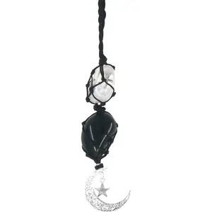 Crystals Obsidian Crystal Stone Cute Boho Car Mirror Hanging Accessories for Women and Men,Car Charm for Rear View Mirror Ornaments Decor with Moon and Star