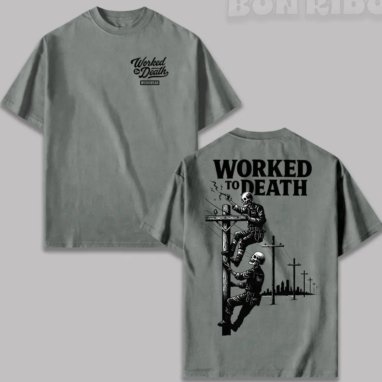 Men's Lineman Graphic T-Shirt - Casual Cotton Workwear Tee with 2-Side Skeleton Print, Soft & Lightweight Fabric PPC