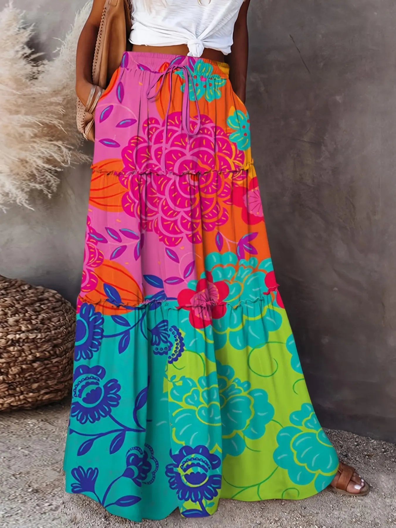 Boho Floral Print Aesthetic A-Line Midi Skirt, High Waist Elastic Waist Tie Front, Summer Beach Dress, Slimming Hidden Pockets, Casual Style, Womenswear, Bohemian, Bottom