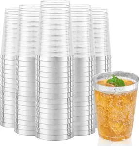 Wellife 200 Pack 12 oz Plastic Cups, Silver Rimmed Disposable Cups, Plastic Party Wine Glasses Plastic Cocktail Glasses Heavy Duty Cups