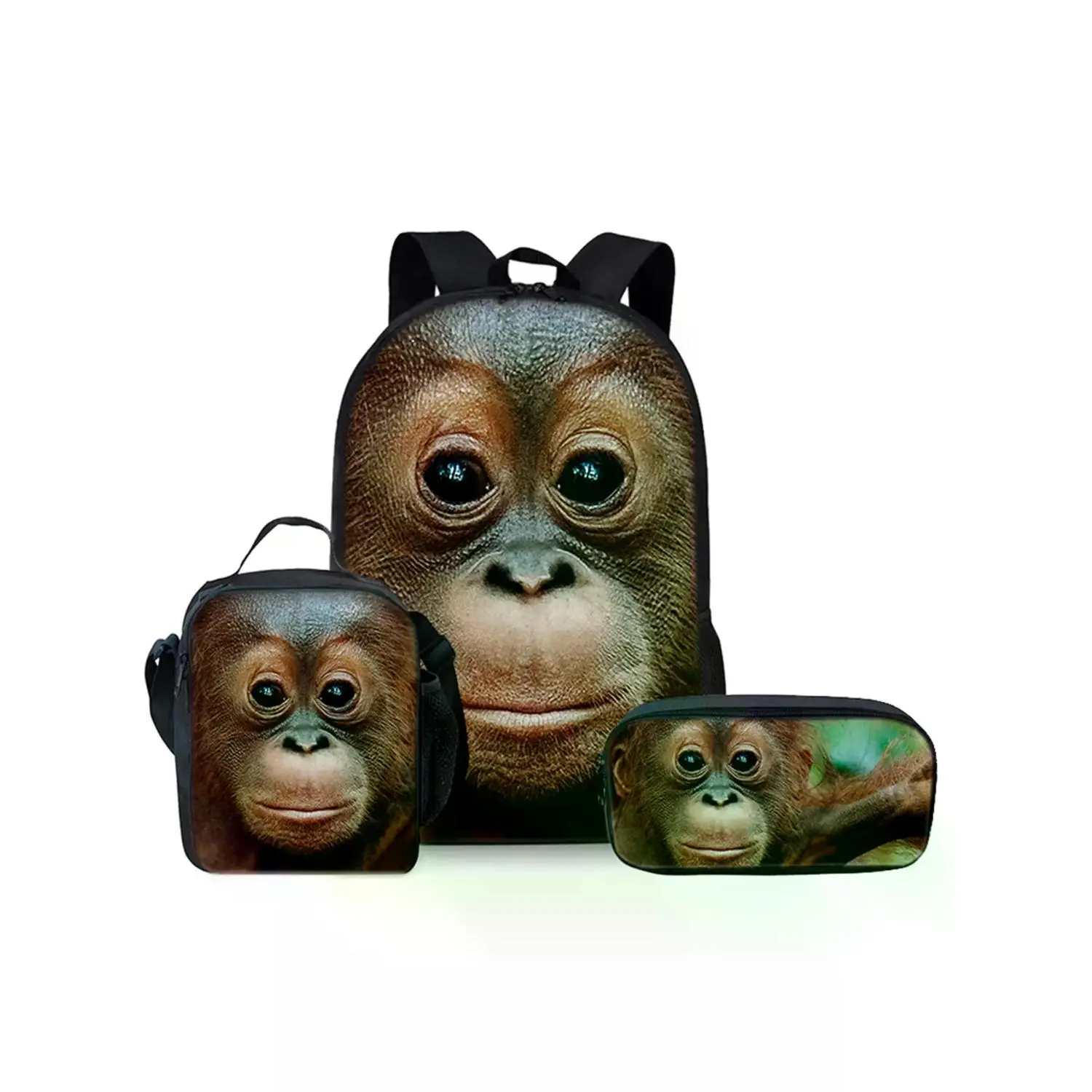 17-in Casual Monkey Print Oxford Cloth 3-Piece Backpack Set - Adjustable Straps Single-layer Daypack, Shoulder Strap Lunch Bag, Single-layer Pencil Bag for School/Travel