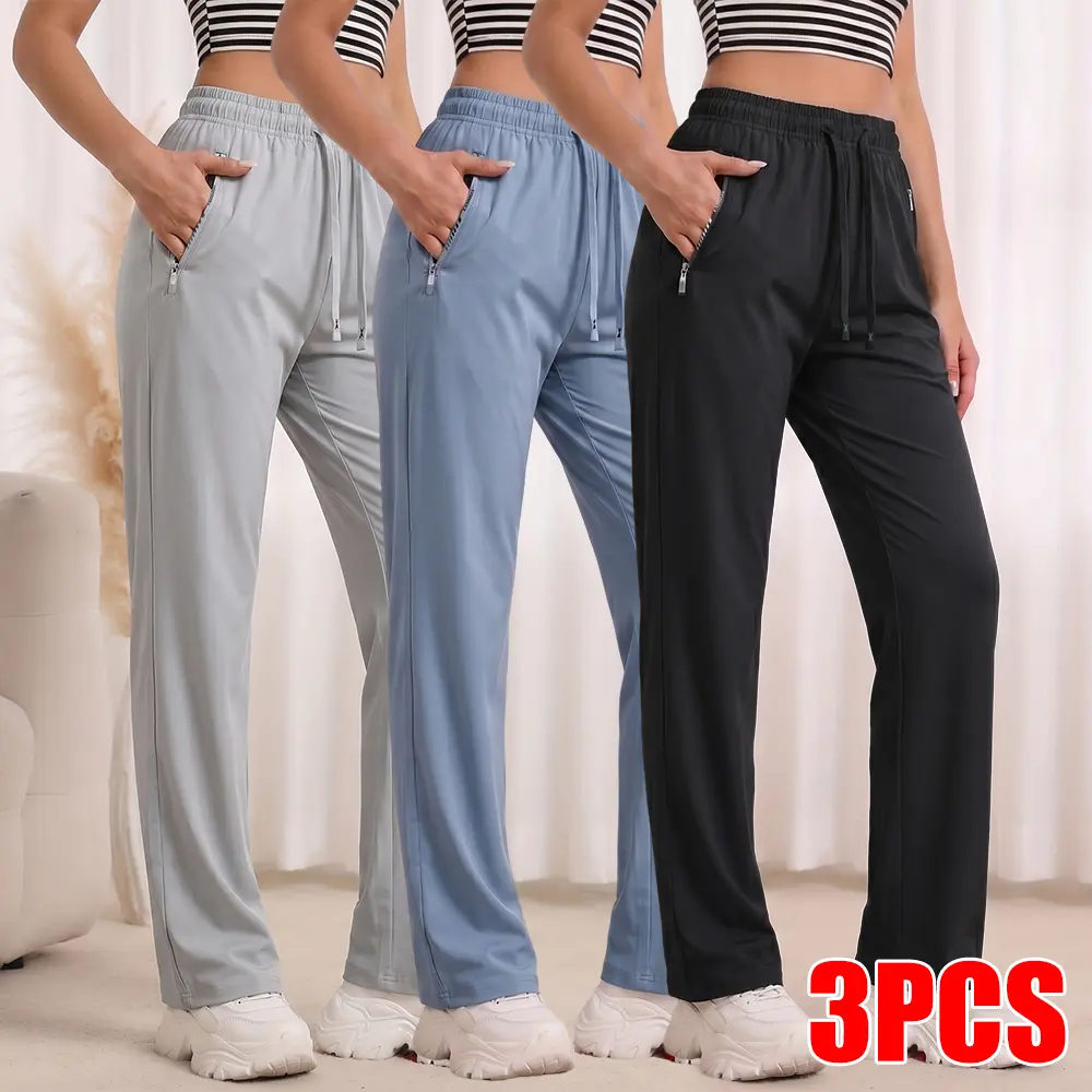 Women's 3 Pack Comfort Fit Straight Leg Pants, Elastic Waist Drawstring Pants with Zipper Pockets for Casual & Travel