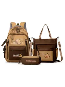Cute Capybara Cartoon Print Backpack, Ultra-Light Wear-Resistant School Bag, Large Capacity Student Three-Piece Set, Perfect New Year Gift
