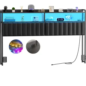 Headboard for King Size Bed Frame, Upholstered Headboards with Outlets, USB Ports and LED Light, Leather Head Board with Storage, Height Adjustable