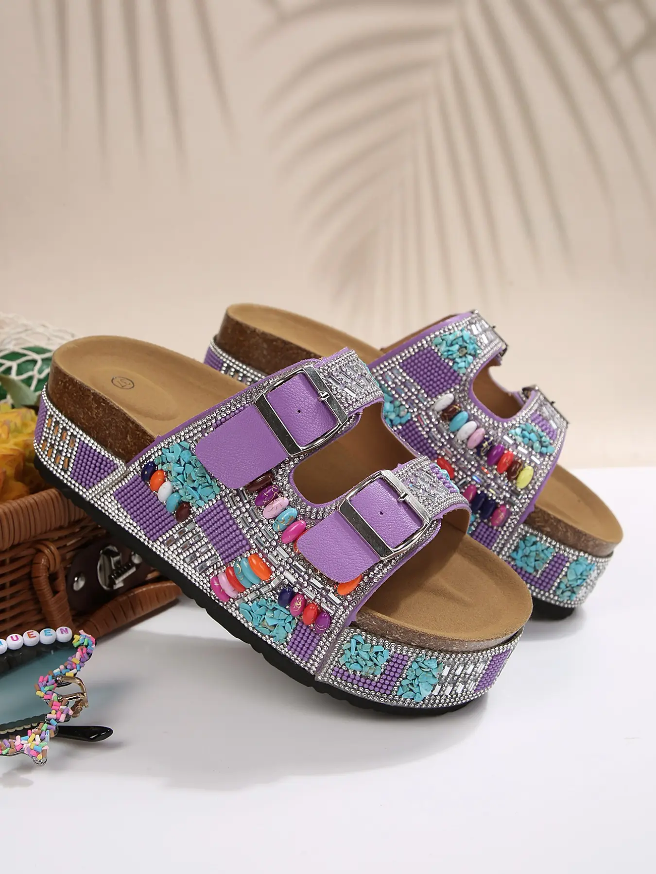 Women's Bohemian Beaded Rhinestone Thick Sole Slippers, Adjustable Buckle Soft Bottom Sandals, Beach Sandals, Casual Vacation Versatile Shoes Summer, Boho Casual Sandals, Boho Style Sandals, Casual Trendy Sandals