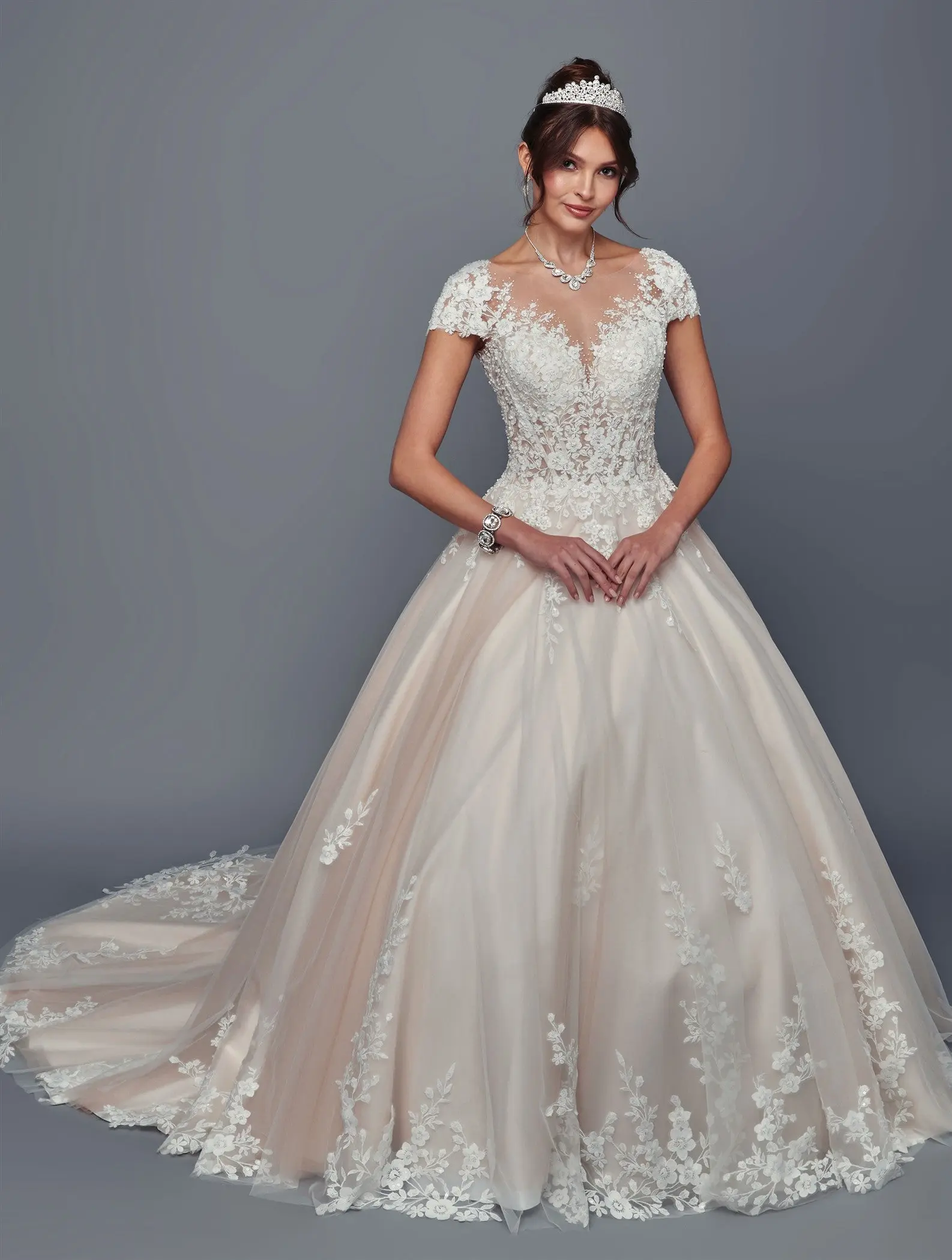 Illusion Boat Neck Lace Wedding Dress with Cap Sleeves A-Line Tulle Skirt by Deklaire Bridal 506