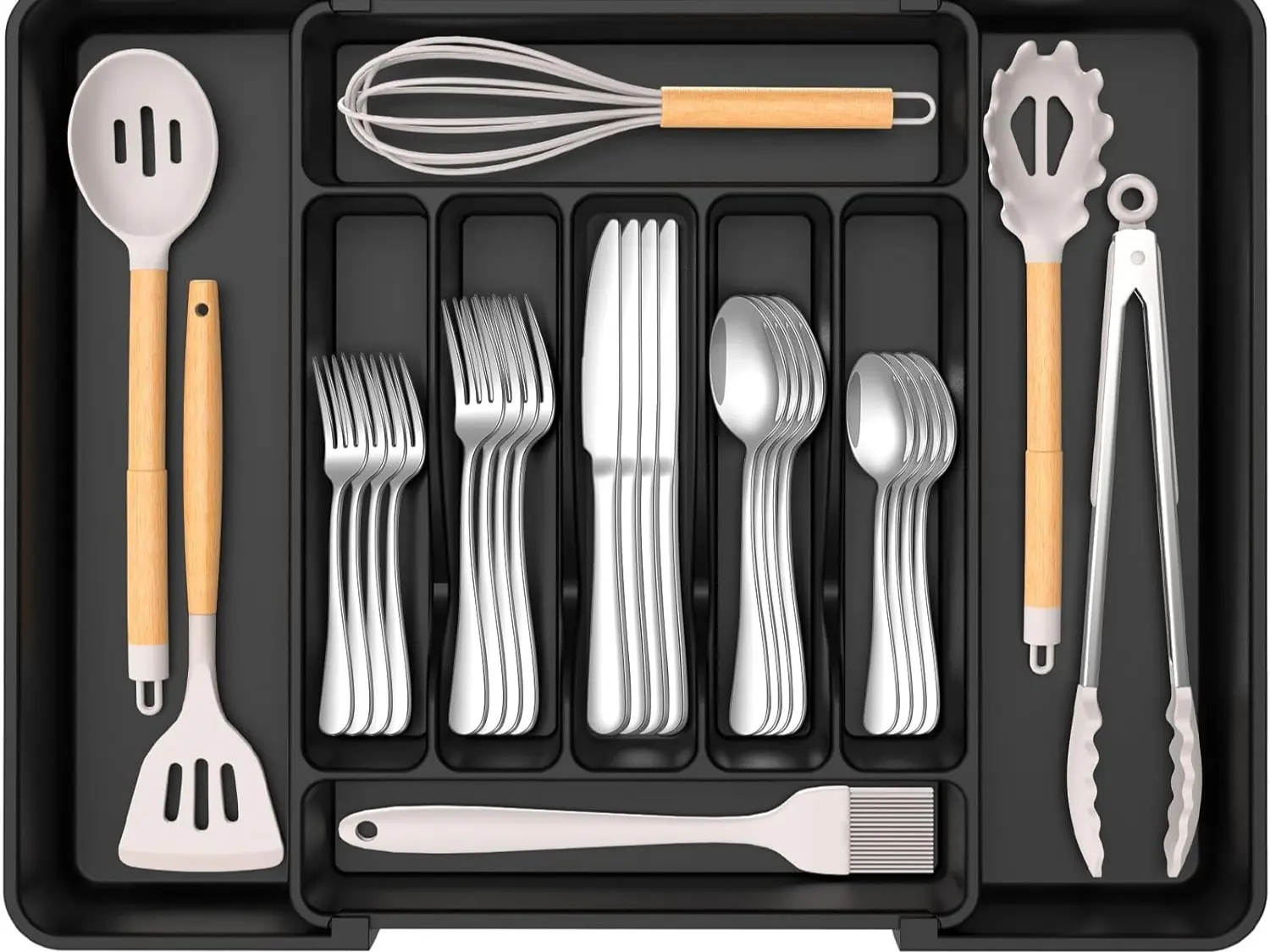 Expandable Silverware Organizer – BPA-Free Adjustable Cutlery Drawer Tray for Spoons, Forks & Knives (Black, Extra Large)