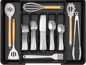 Expandable Silverware Organizer – BPA-Free Adjustable Cutlery Drawer Tray for Spoons, Forks & Knives (Black, Extra Large)