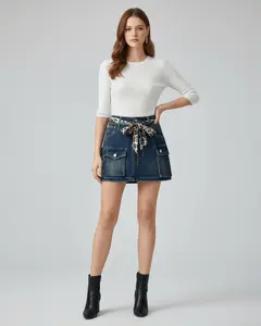 Women's Cotton Jean Mini Skirt - Solid Slim-Fit Fitted Cargo Style with Leopard Belt, Essential Women's Bottoms, Scarf-Ready Womenswear, Skirts