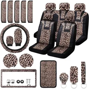 24 PCs leopard car accessories leopard car seat cover full set cheetah steering wheel metal license plate headrest seat belt armrest pad handbrake gear cover keyring (Brown Black)