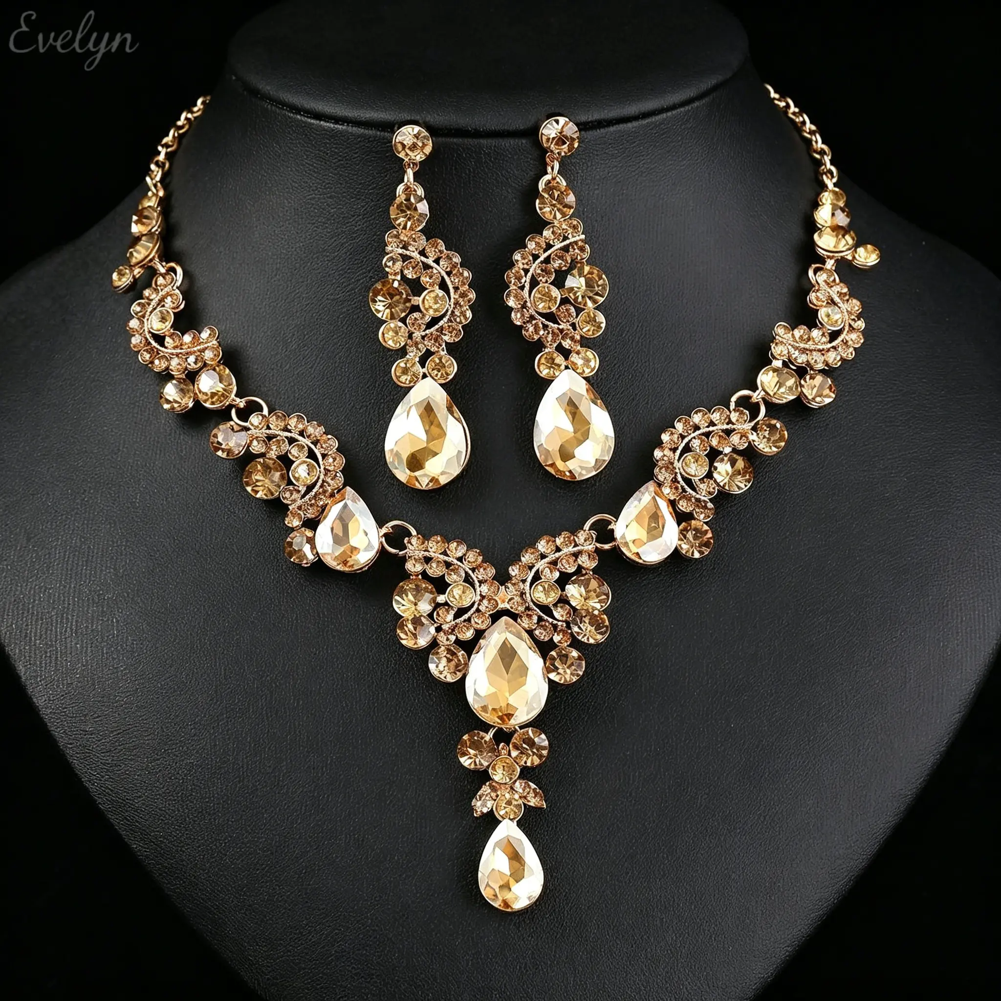 Teardrop Rhinestone V Shape Statement Jewelry Set, 2 Pcs Necklace Dangle Earring Matching Kit, Multi Cut Crystal Floral Cluster Formal Outfit Accessory for Women Date Evening Party Wear