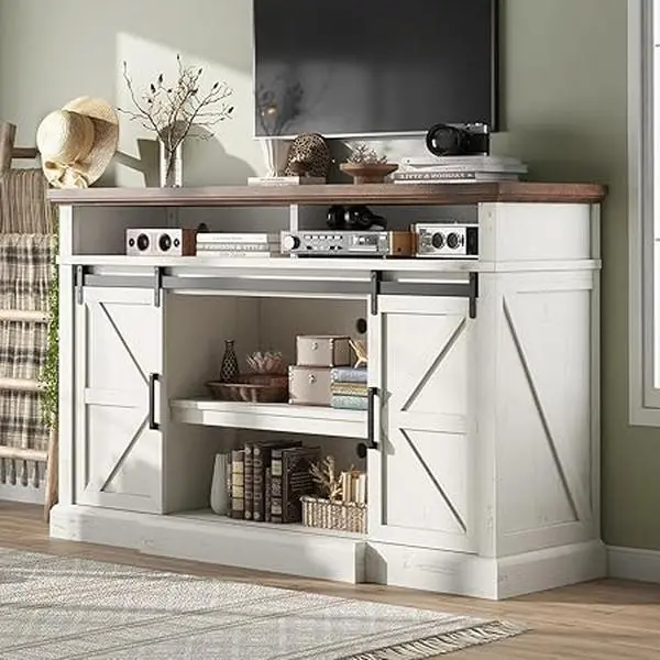 AMERLIFE 66" W Farmhouse TV Stand, Wood 40" H Tall Entertainment Center with Sliding Barn Door & Large Storage Shelves, Rustic Media Console for TVs up to 75", Tv Shelf, Television Console Table