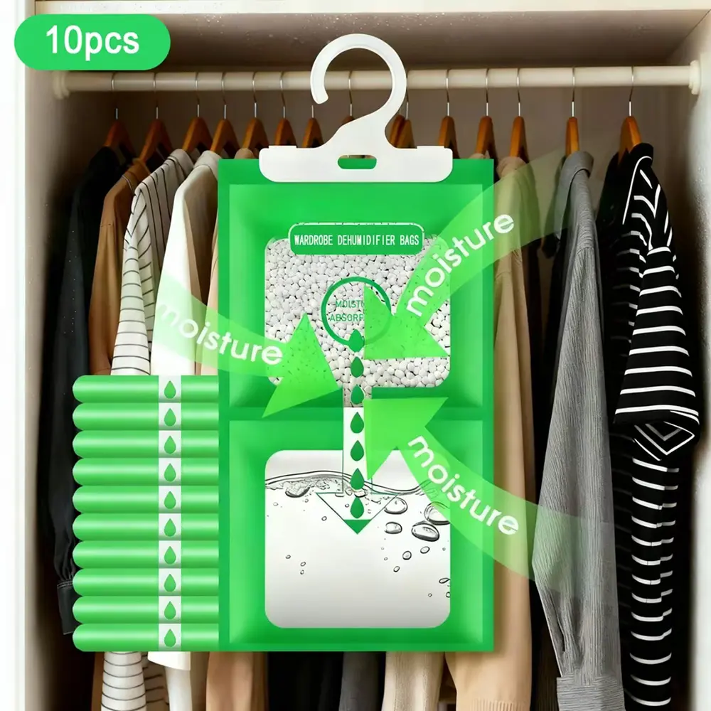 10Pcs Hanging Moisture Absorber Bags, Wardrobe Dehumidifier Packs, Damp and Odor Eliminator, Absorb Excess Moisture, Ideal for Closets, Cabinets, Bathrooms, RVs, Storage Bins and Laundry Areas