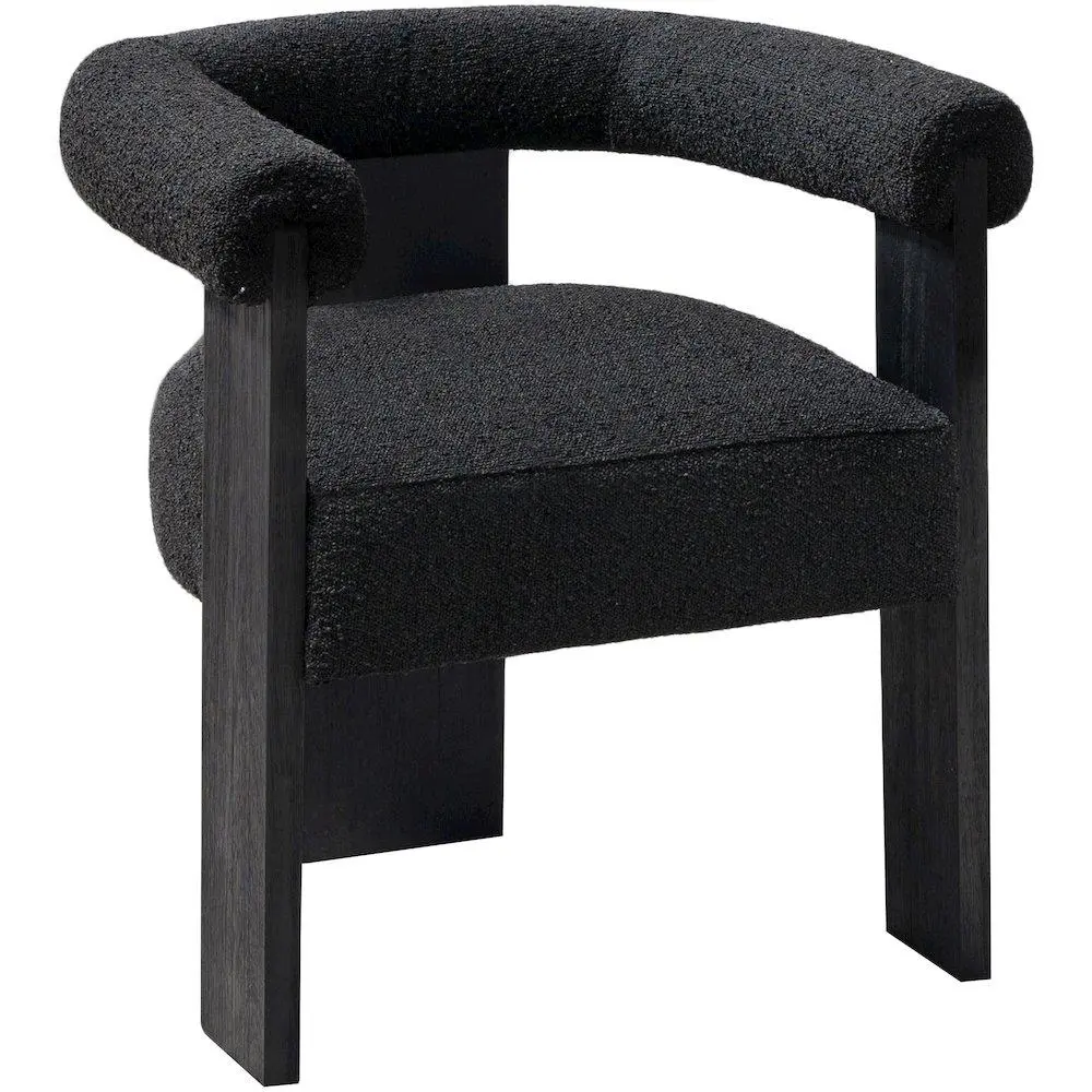 Mid-Century Single Seat Dining Chair, Barrel Black Boucle Fabric, Solid Rubberwood Frame, Indoor Furniture Chair