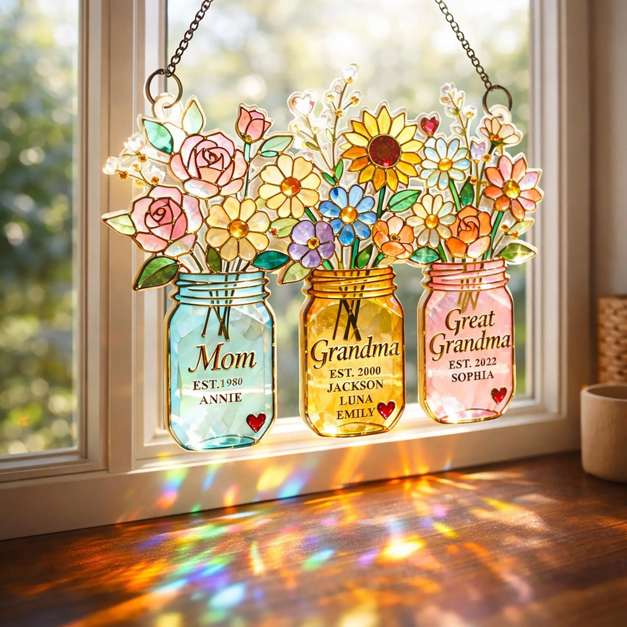 Personalized Generations Floral Jar Suncatcher with Name, Mom Grandma Great Grandma Flower, Mothers Day Acrylic Window Hanging Decor Gift