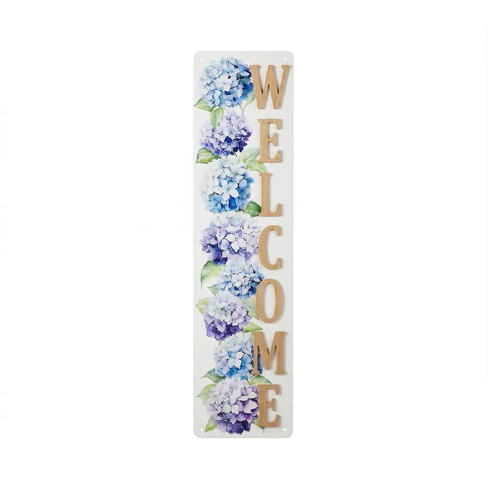 16x4 in Rust-Safe Metal Aluminum Welcome Sign with Hydrangea Print, Farmhouse Indoor/Outdoor Spring Porch Decor Flower Wall Plaque, Soft Vibe Gift for Home Decor Enthusiasts
