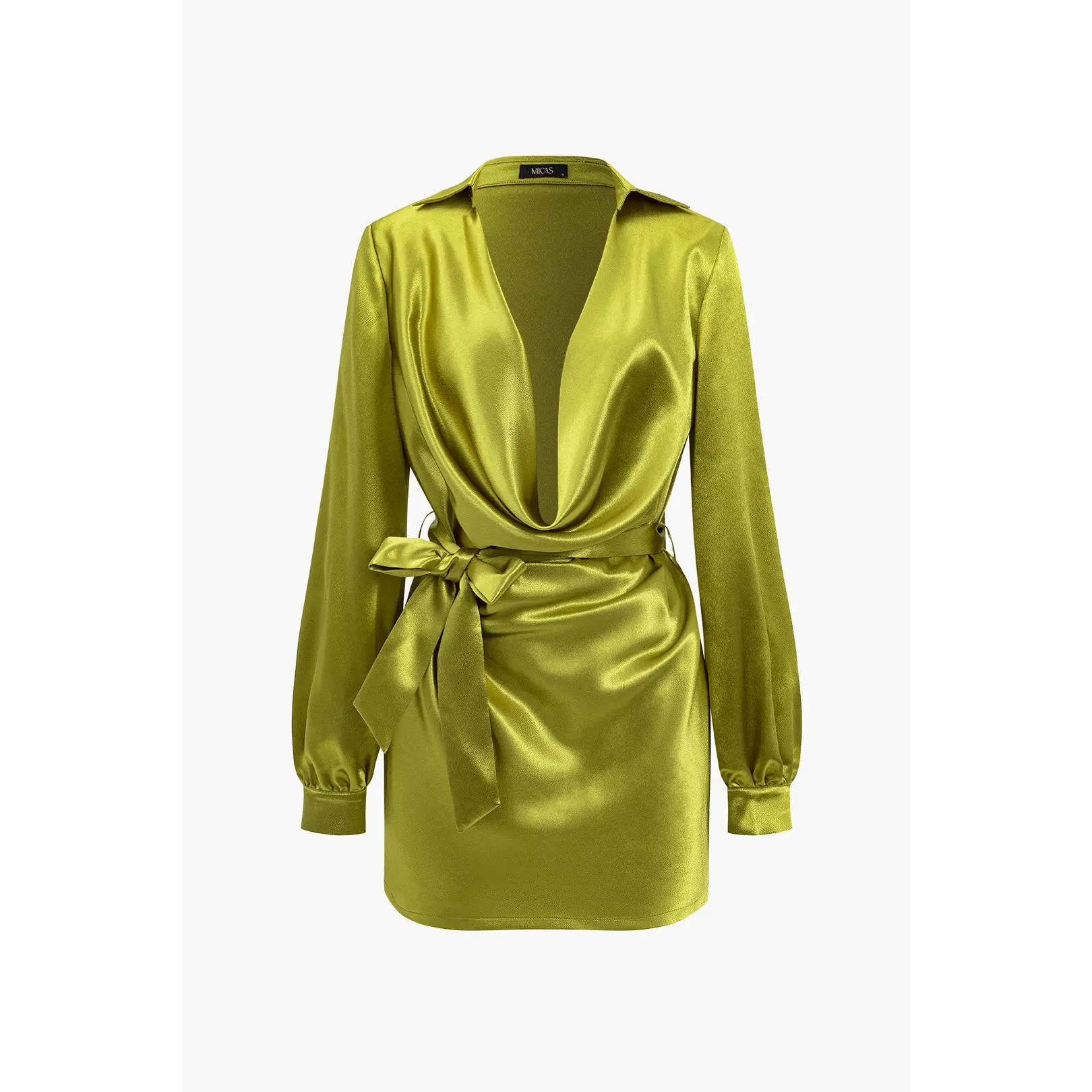 Solid Tie Front Draped Cowl Neck Belted Mini Dress