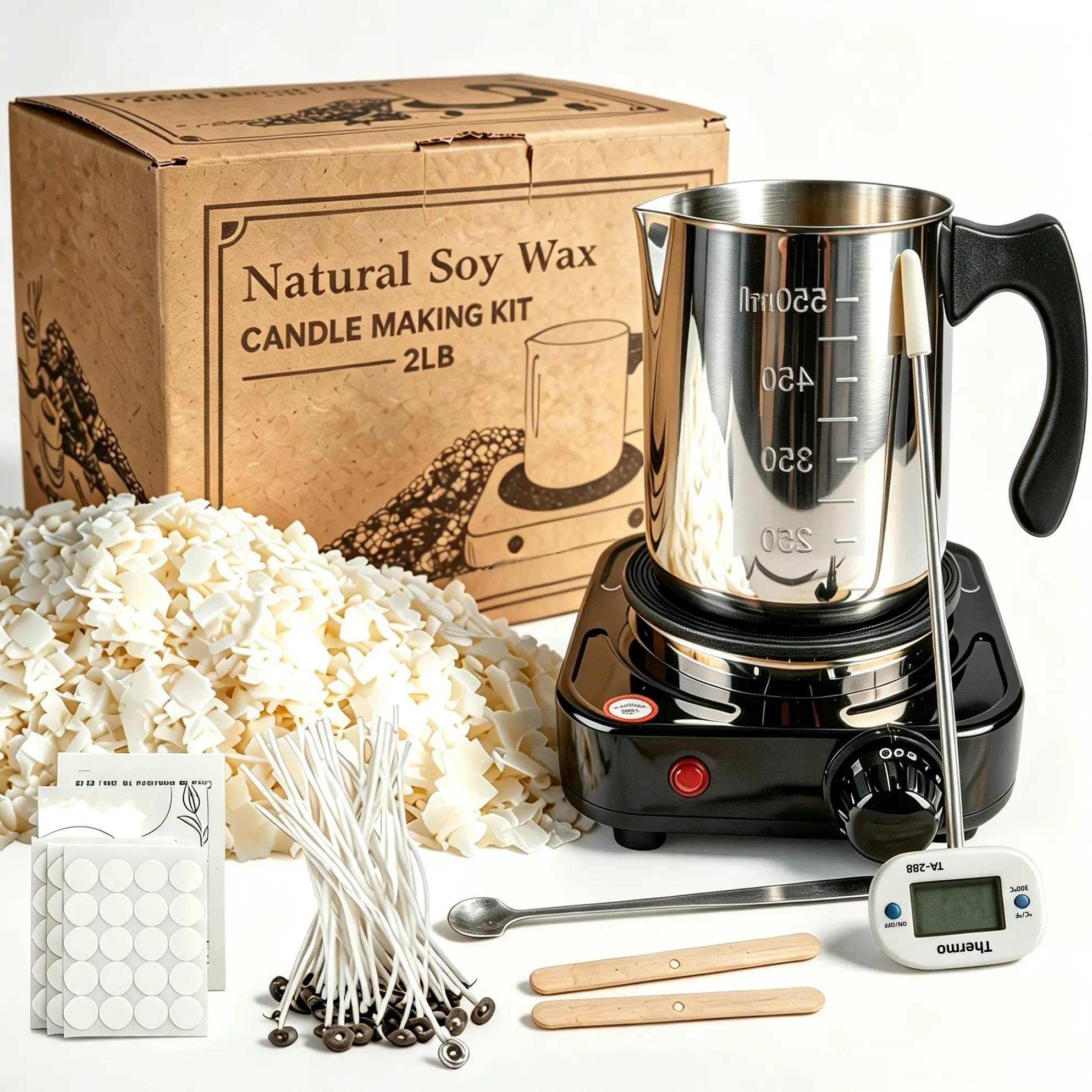 Soya Wax Candle Making Kit, Soya Candles, Arts And Crafts Kit For DIY, Includes 2 Lbs Soya Wax, 50 Wicks, Heater, Thermometer, Stainless Steel Melting Pot