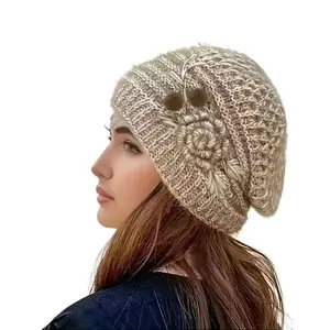 Peony Floral Knit Beanie for Women – Cozy Fleece-Lined Winter Hat, Stretchy Soft Polyester, Warm Floral Streetwear Cap for Autumn/Winter Outings, Travel & Daily Casual Looks
