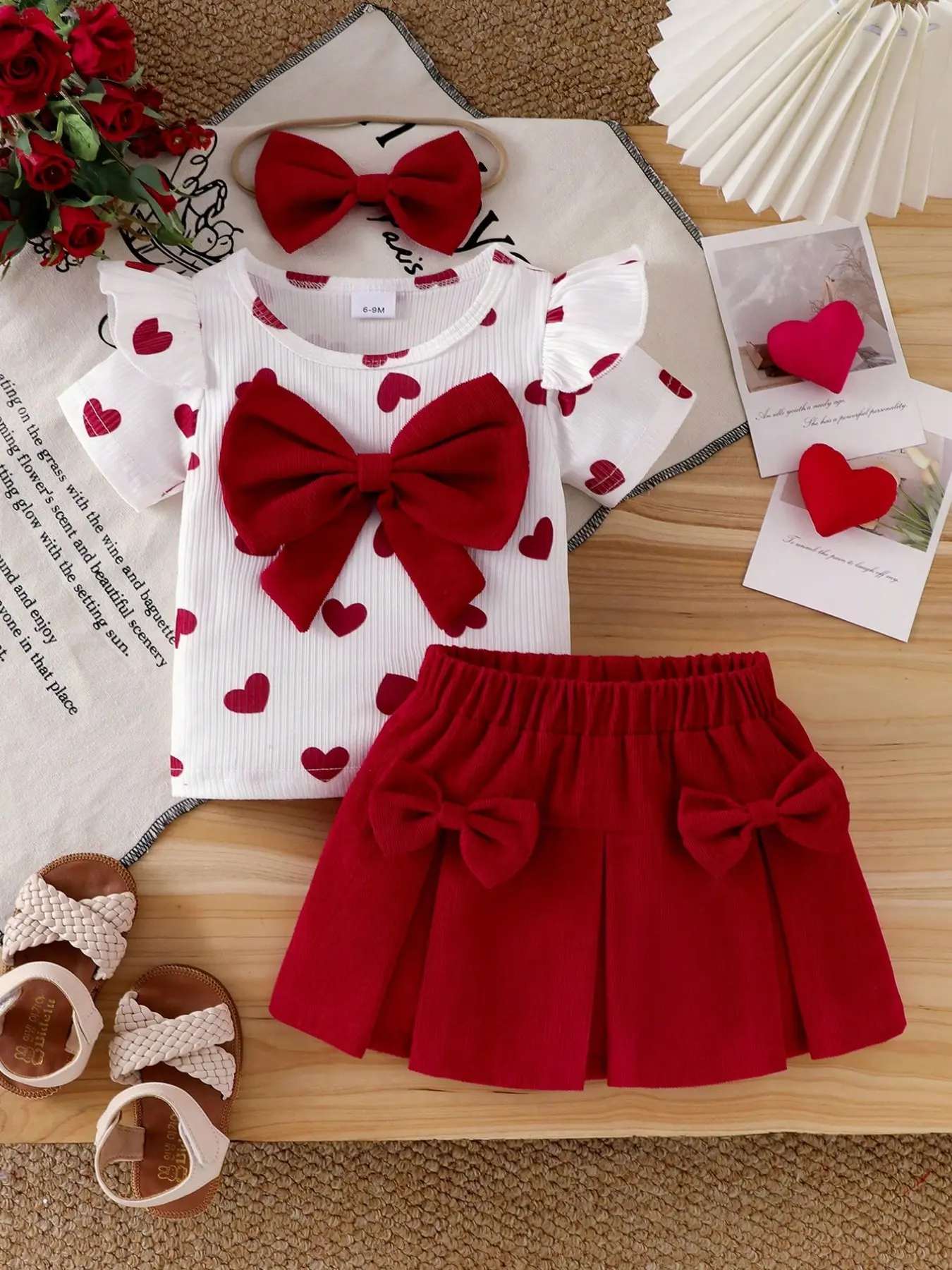 Baby Girl Elegant Romantic Cute 3-Piece Set, Heart Stripe Big Bow Short Sleeve Top, Wine Pleated Skirt, Hair Accessories, Baby Clothing