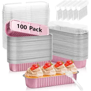Ruckae 100 Pack Mini Loaf Cake Pan with Lids and Spoons Disposable Aluminum Tin Foil Pans Rectangle Mini Loaf Pans with Lids for Baking,Party,Picnics,Holidays (Pink) Ruckae