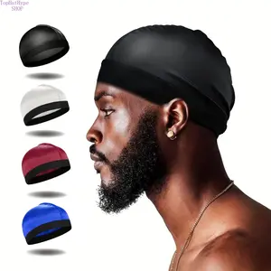 Men's Plain Satin Wave Dome Cap - Soft Imitation Silk Pirate-Style Head Wrap, Breathable Stretch Hair Protection Beanie, Comfortable Elastic 1-Size-Fits-All Turban for Daily Wear & Sleeping