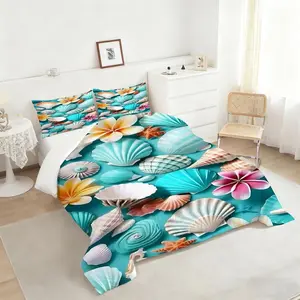 2/3Pcs Teal Seashells & Plumeria Comforter Set, Vibrant Tropical Bedding Sets with Digital Printing, Cozy Quilted Comforter for a Beach-Themed Bedroom, Perfect for Summer Vibes and Coastal Decor, 1 or 2 Pillowcase No Pillow Core