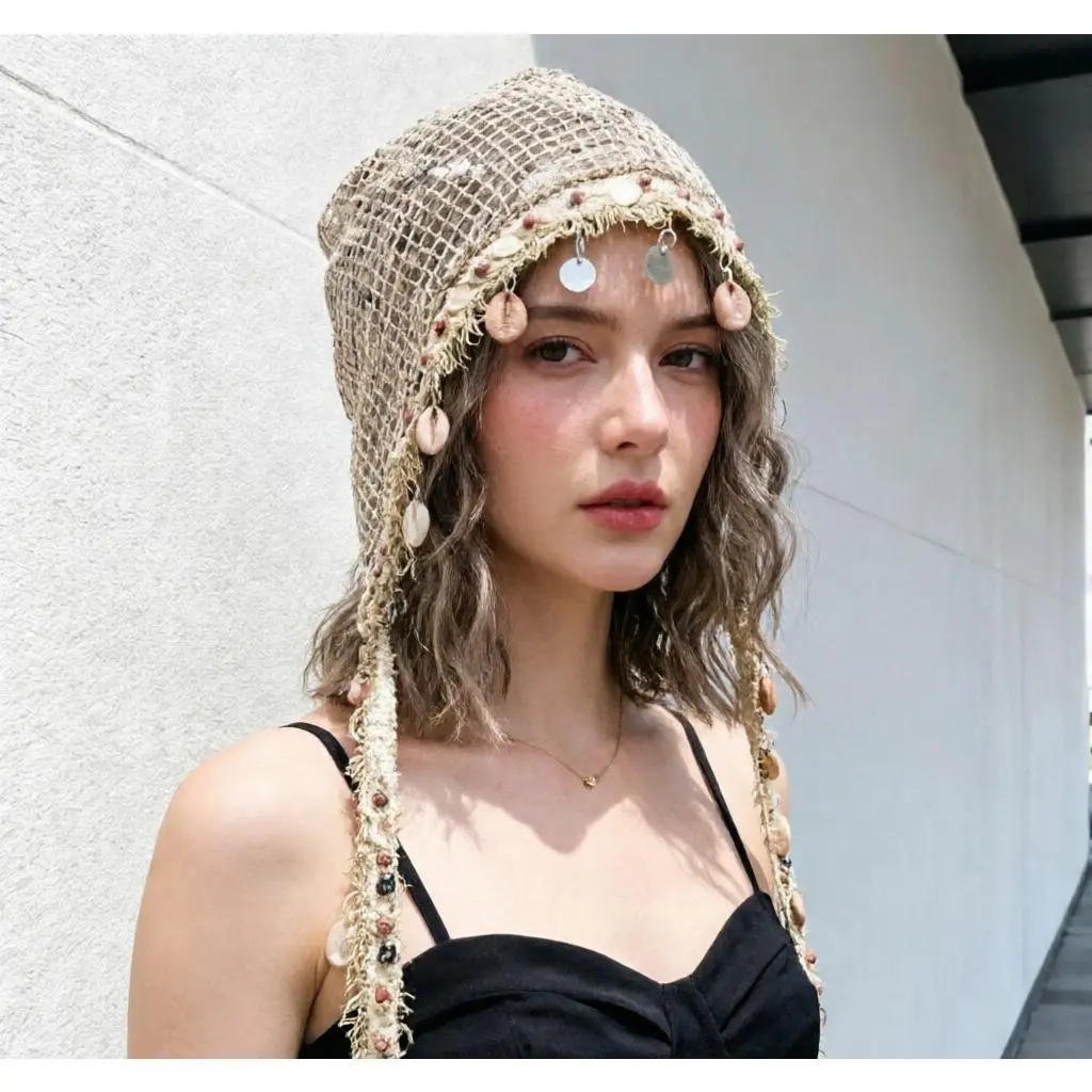 Women's Slouchy Breathable Beanie, Boho Mesh Fabric Turban with Shell Decor, Lightweight Stretchable Headwear for Summer Travel, Face-Flattering, Slouchy Headwear, Loose Fit, Casual, Polyester Solder, Seaside And Exotic Flair, Boho Style Hats, Cute Shell,
