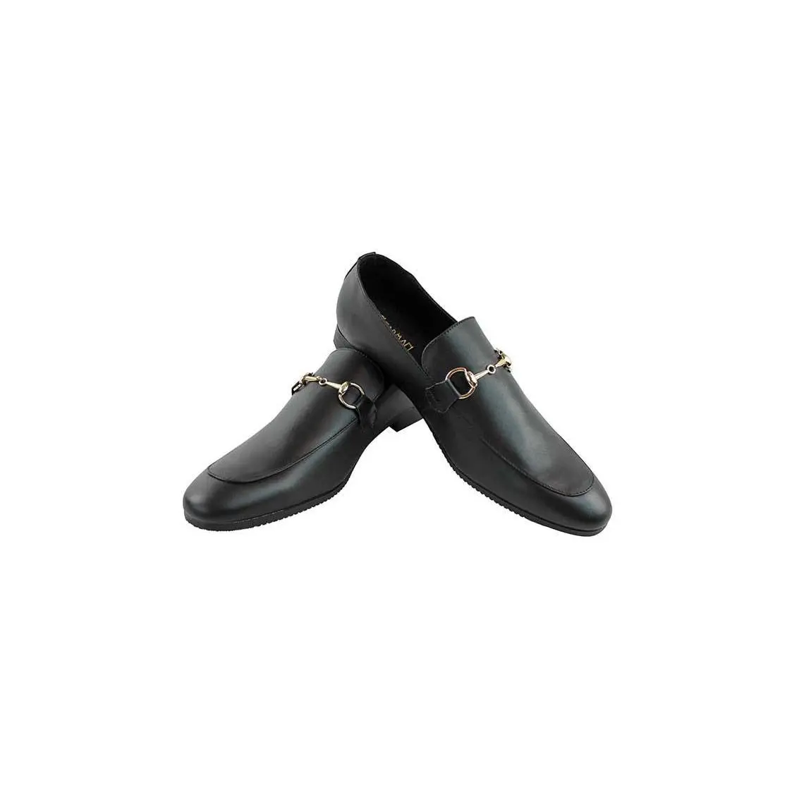 Mens Genuine Leather Black Slip On Dress Shoes With Gold Buckle Loafers By AZARMAN