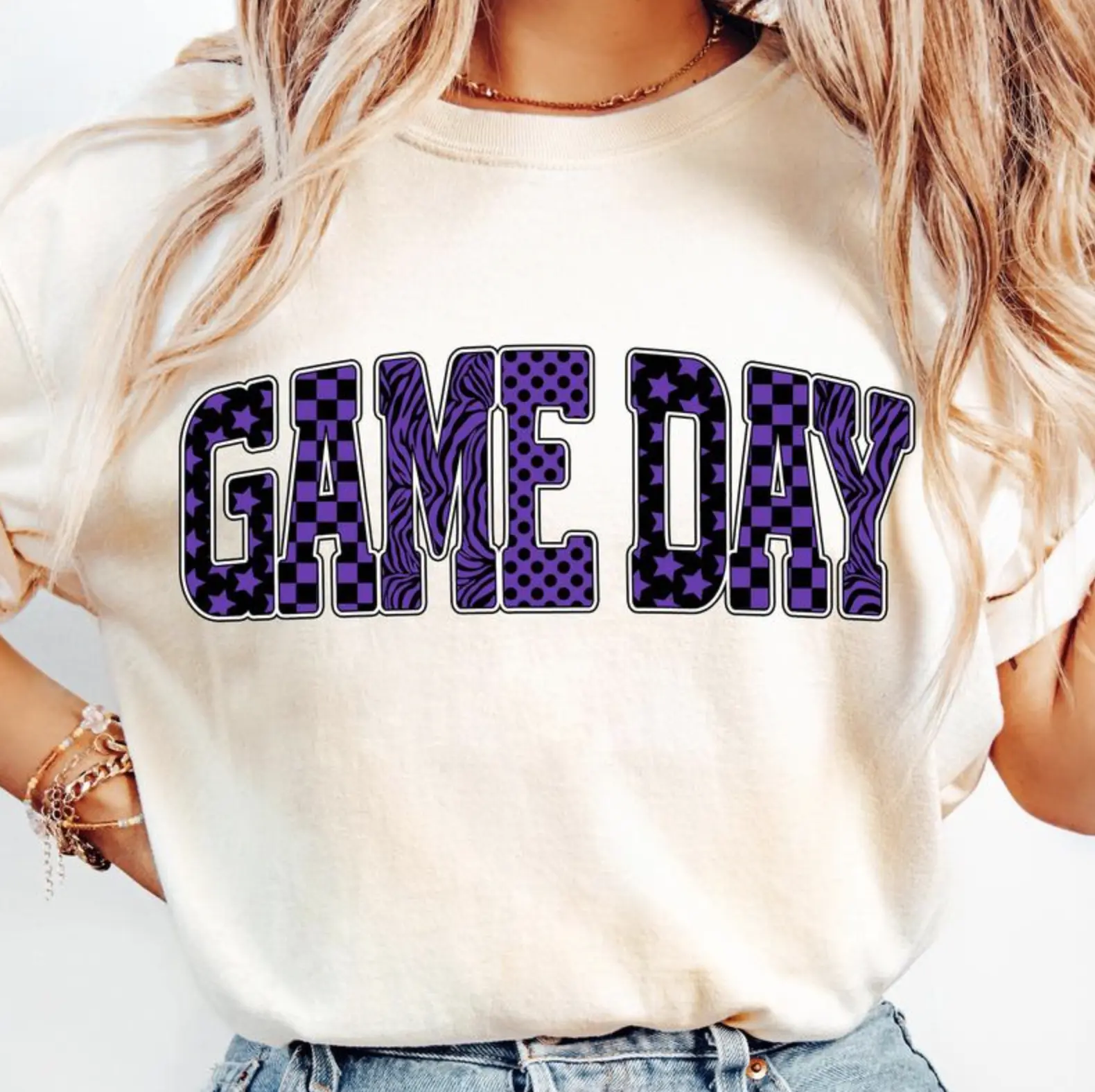 Game Day Purple Checkerboard Funky TShirt - Sweatshirt - Hoodie, Bold Spirit Tee for Football Fans, High School Game Day Outfits, Cute Touchdown Season