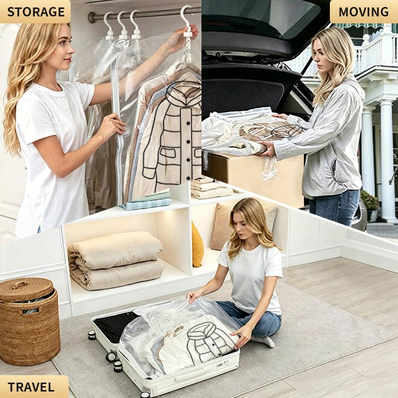 4 Pack Hanging Vacuum Storage Bags for Clothes, Long Clear Garment Vacuum Seal Bags with 4 Sealing Clips for Coats, Suits, Dresses and Jackets