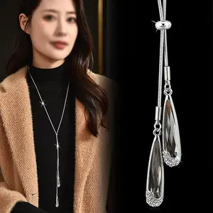 Elegant Crystal Teardrop Necklace – Long Sweater Chain with Waterdrop Pendant, Stylish Jewelry for Women