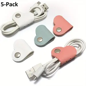 5-Pack Heart-Shaped Wire Organizer, Data Cable Management Tool, Computer Cord Binder, Desktop Wiring Fixer, Power & Earphone Holder