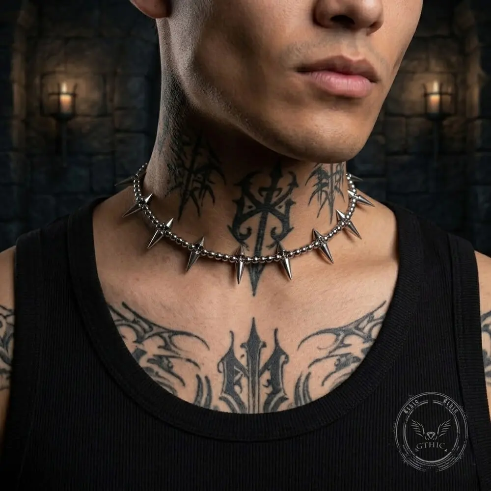 GTHIC Studded Cross Beaded Stainless Steel Clavicle Necklace Punk Fashion Accessory for Festivals or Daily Wear