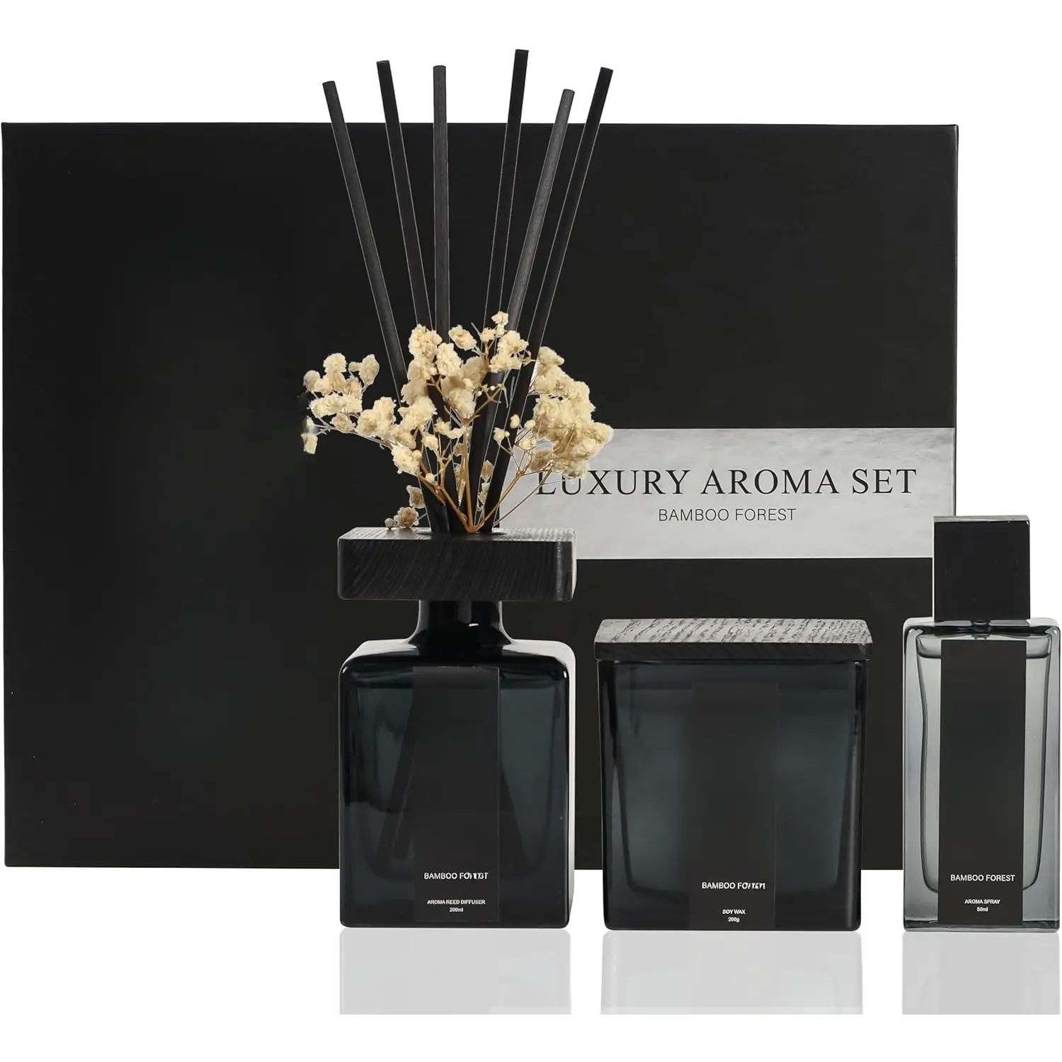Luxury Aroma Set | Scented Reed Diffuser (200ml), Scented Wood Wick Soy Candle (200g), Aroma Room Spray (50ml), Includes Dried Flowers, 8 Reed Sticks - Home Fragrance Gift Set (Bamboo Forest)