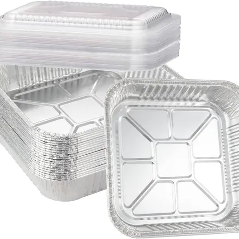 8” x 8” Square Cost-Effective Aluminium Baking Containers (20-Pack with Lids) - Heavy-Duty Oven-Safe Bakeware, Disposable Tin Foil Pans with Plastic Dome Lids, Liners & Storage Box for Birthdays