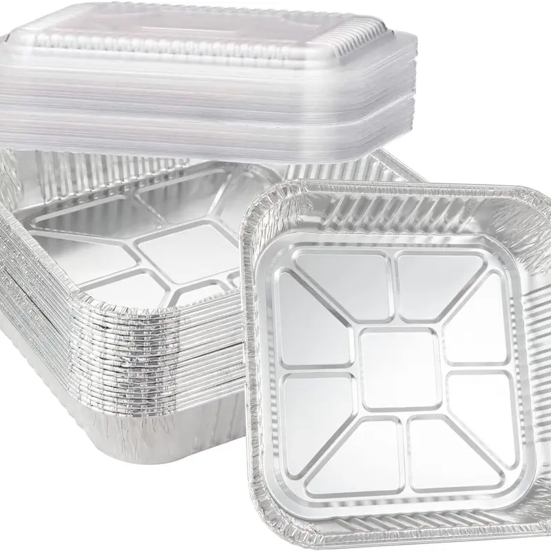 8” x 8” Square Cost-Effective Aluminium Baking Containers (20-Pack with Lids) - Heavy-Duty Oven-Safe Bakeware, Disposable Tin Foil Pans with Plastic Dome Lids, Liners & Storage Box for Birthdays