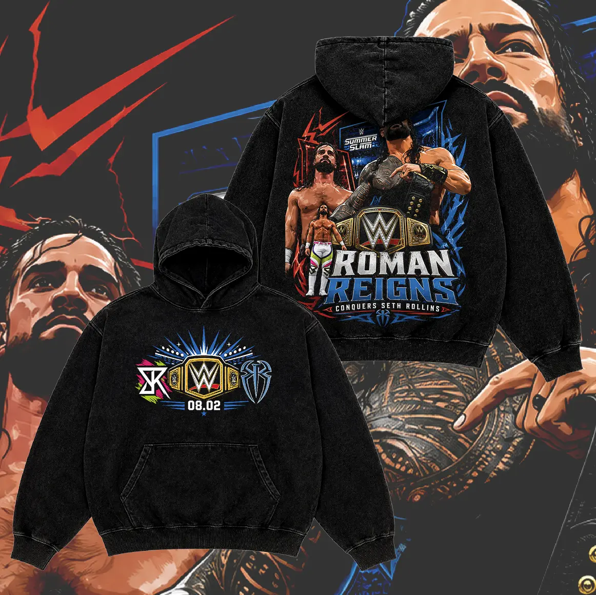 WWE SummerSlam 2026 Roman Reigns vs Seth Rollins Menswear Vintage Washed Pullover Hoodie, Double-Sided Wrestling Graphic Casual Streetwear