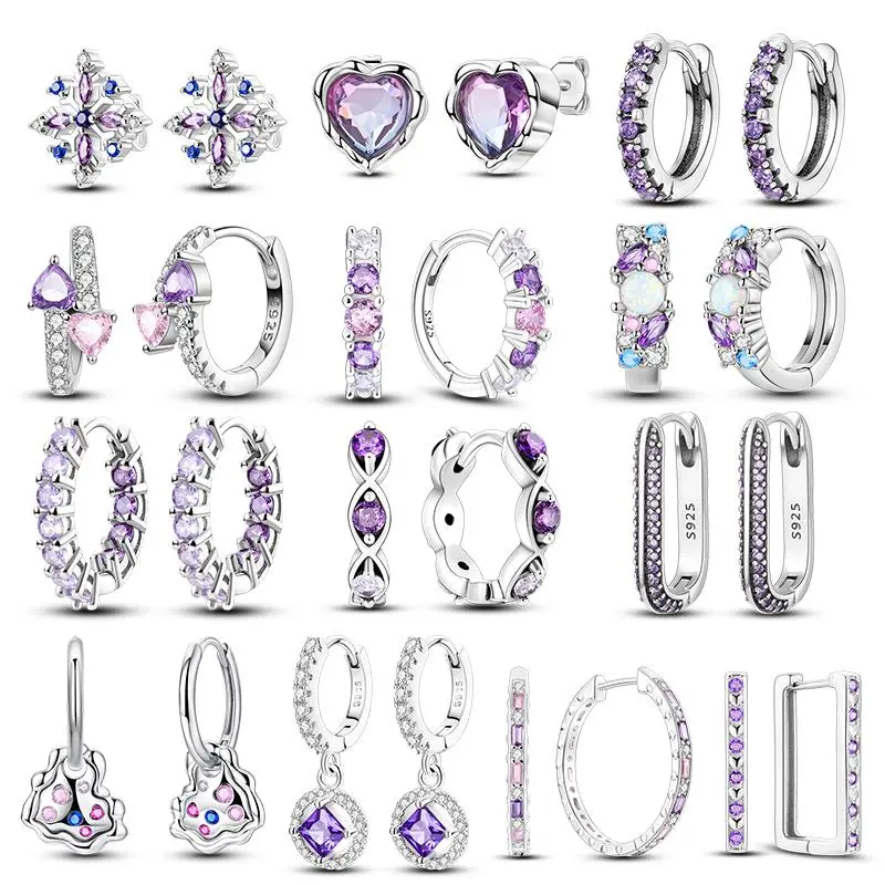 Purple Zircon Hoop Earrings 925 Sterling Silver Original U-shaped Liquid Metal Love Heart Fashion Earrings For Women Jewelry