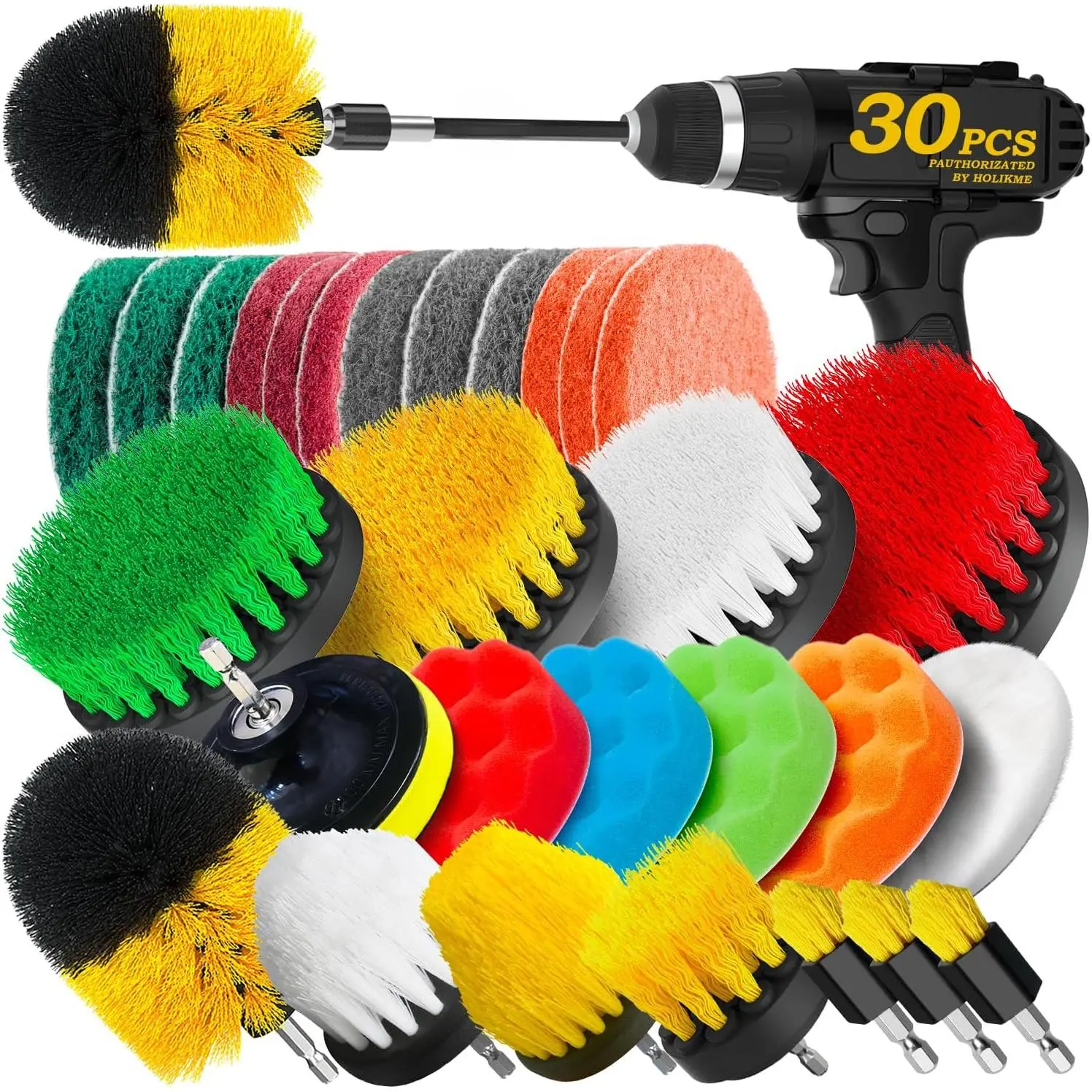 30-Pack Drill Brush Attachments Set for Cleaning, Scrub Pads, Sponge, Power Scrubber Brush with Extended Attachment, All-Purpose for Car Polishing, Grout, Tiles, Sinks, Drill Brush Attachments For Cleaning