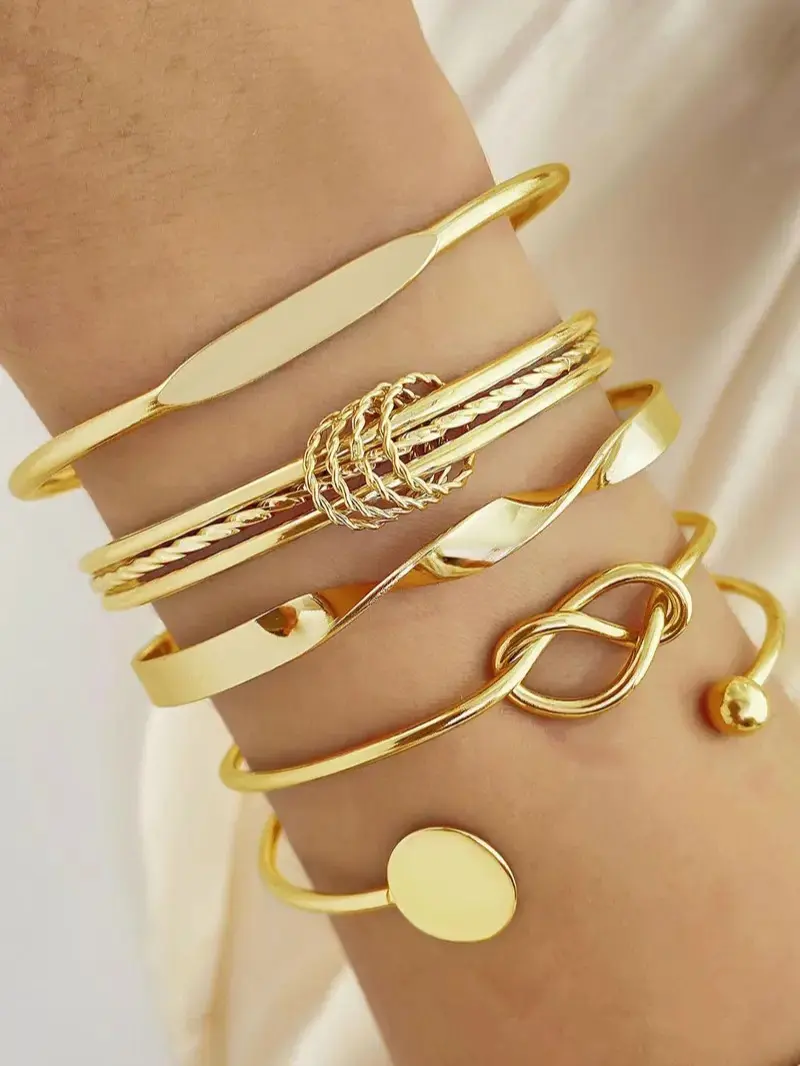 Fashion Hollow Geometric Design Cuff Bracelet (5 Pieces), Fashion Stacked Bracelet, Elegant Bracelet, Ladies Casual Simple Matching Bracelet, Party Style, Daily Clothing Decoration, Ladies Party Accessories, Glamour Bracelet