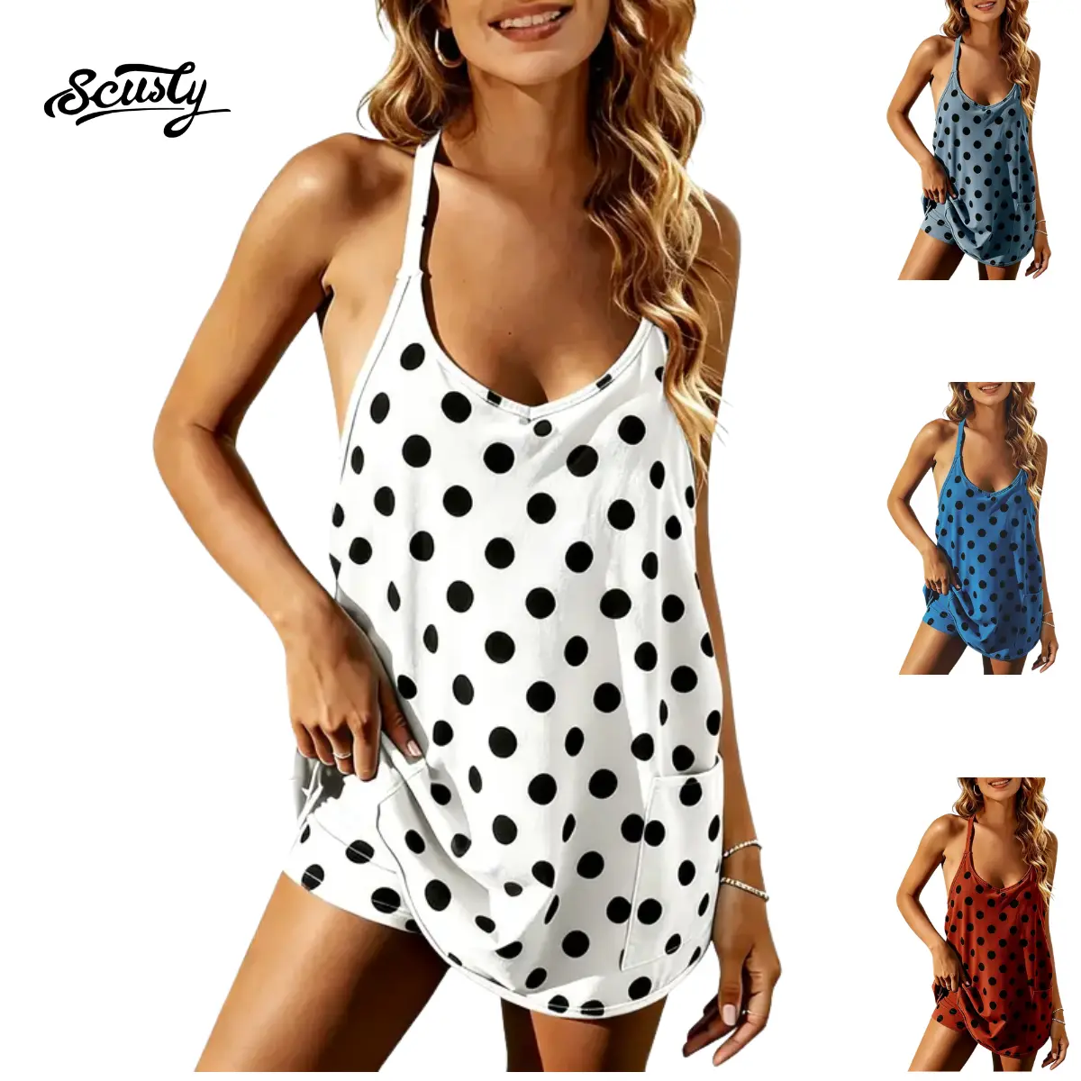 SCUSTY Women's Summer Polka Dot Tennis Dress Sleeveless Spaghetti Straps V Neck Mini Dress with Built-in Shorts Casual Athletic Dress with Pockets