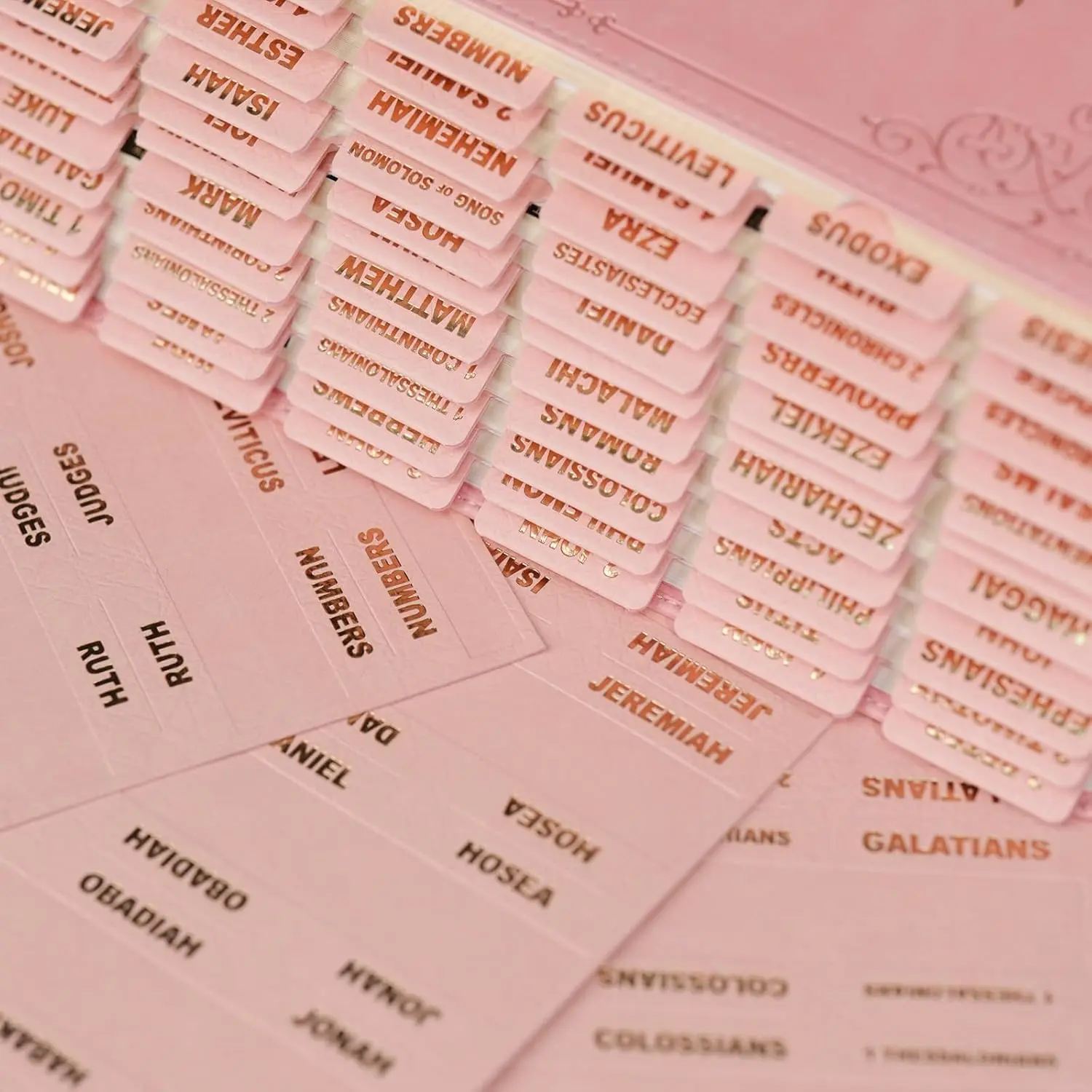 UPAFEXXI Leather Bible Tabs for Adults, Luxurious Feel Spiritual Index Divider Stickers with Gold Foil Lettering, Large Print, Easy to Read & Apply, 80 Chapter Labels for Navigation (Pink)