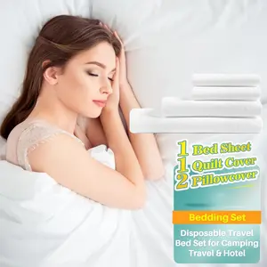 Disposable Bed Sheets for Travel - 4 count Disposable Bedding Set for Hotel with 1Bed Sheet 1Quilt Cover 2Pillow Covers, Travel Sheets  Size Lightweight Non-Woven, Cruise Business Trip Essentials
