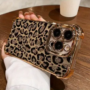 High-end Shiny Brown Leopard Print Four-Corner Shockproof Phone Case Suitable for Apple iPhone 14/15/16/13/12/11 Pro Max,14/15/16 Plus,XR,XS,X – Perfect Gift for All Seasons