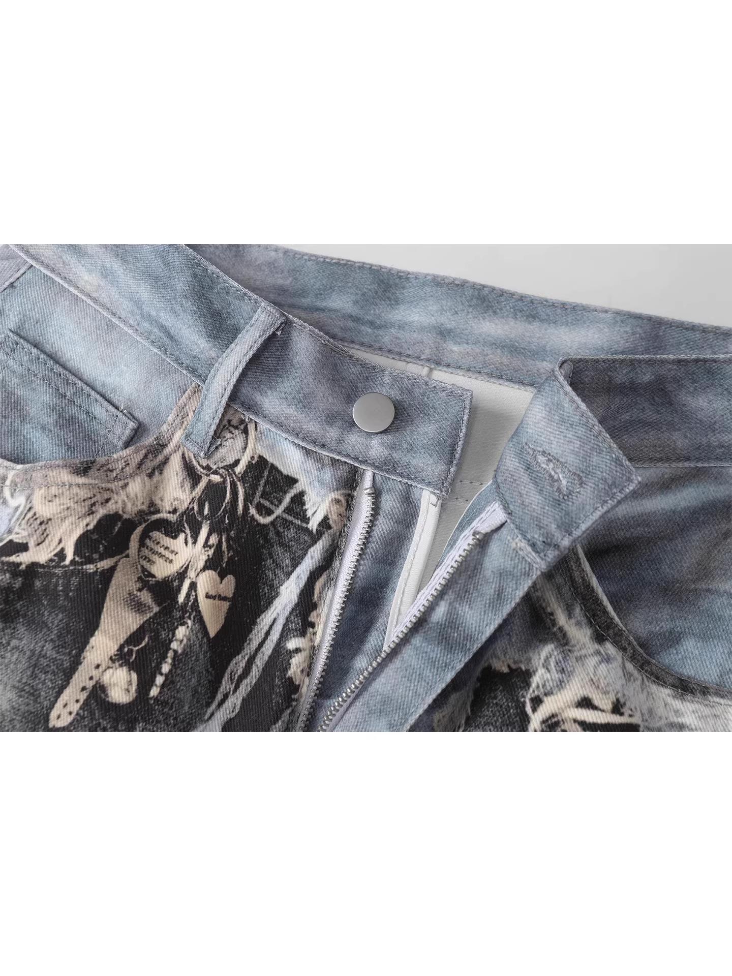 American Distressed 3D Digital Print Fake Two-Piece Jeans - Baggy Streetwear Loose Wide-Leg Pants