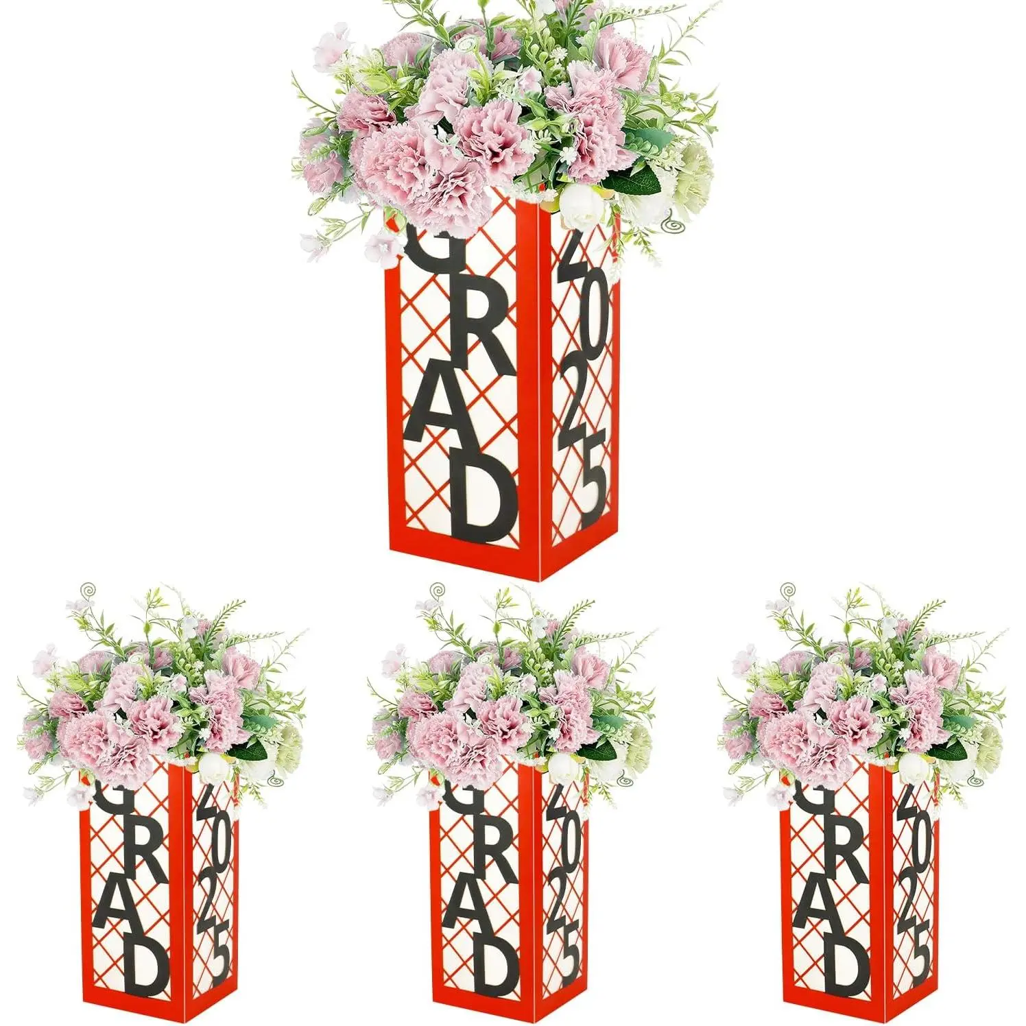 11" Tall Sturdy Graduation Lantern Boxes (4-Count, Red and Black) - Graduation Table Centerpieces with Lettering, Bouquet-Friendly, Party Decor Gifts for School College Congrats, Photo Props