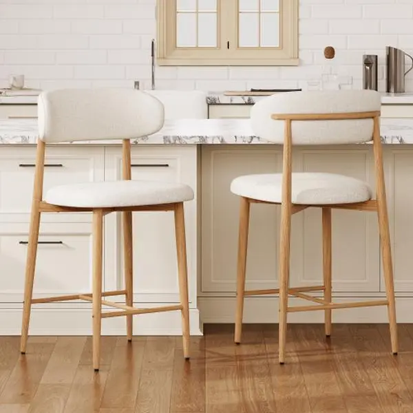 【Deals for You Days】Counter Height Bar Stools (Set of 2) – Upholstered Fabric + Wood-Grain Legs + Ergonomic Backrest | Perfect for Kitchen Islands, Dining & Easy to Assemble!