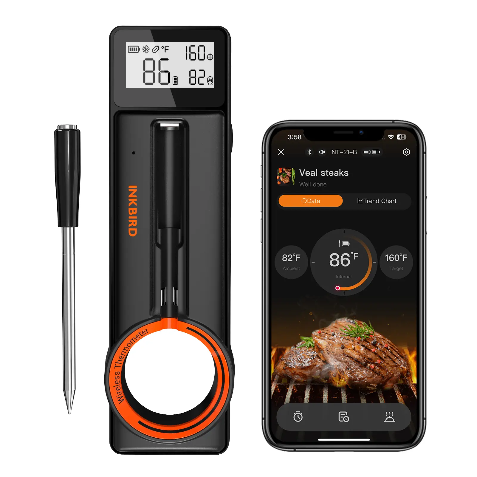 INKBIRD INT-21-B Bluetooth 5.4 Meat Thermometer, 5MM Ultra-Thin Probe, IP67 Waterproof Smart BBQ Thermometer with Temperature Alarm, 60Min Offline Storage, Ideal for Outdoor Grilling Enthusiasts, Back to School Food Temperature Tool